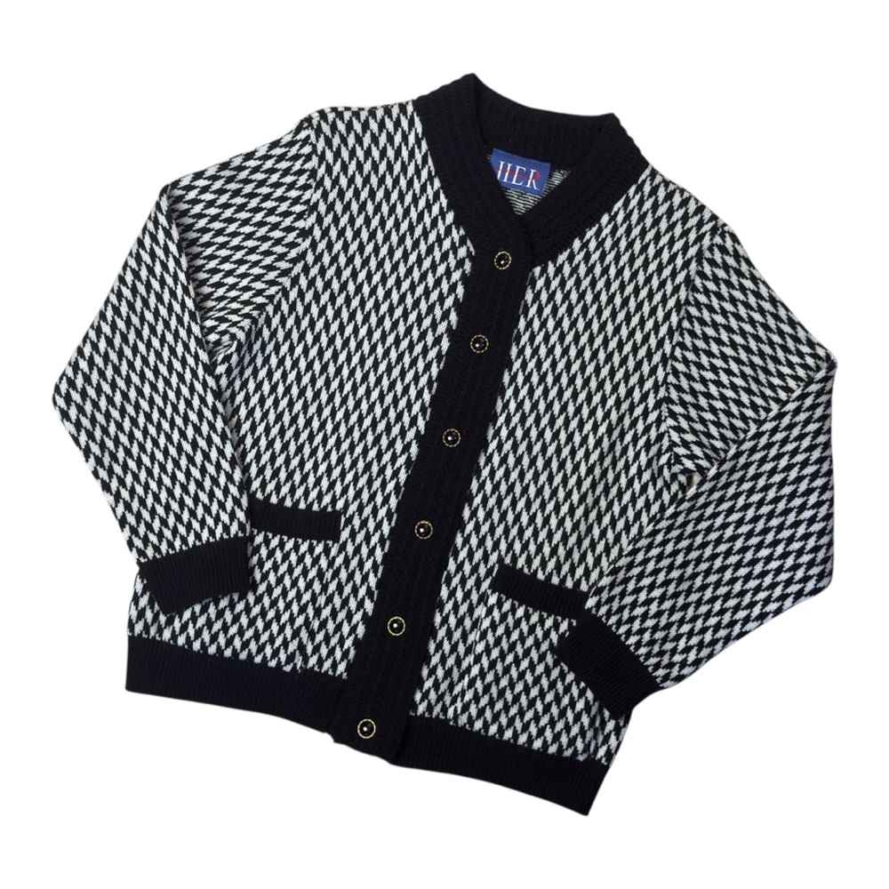 Vintage H.E.R. Black White Houndstooth Button Up Knit Cardigan Sweater Large - Picture 4 of 11